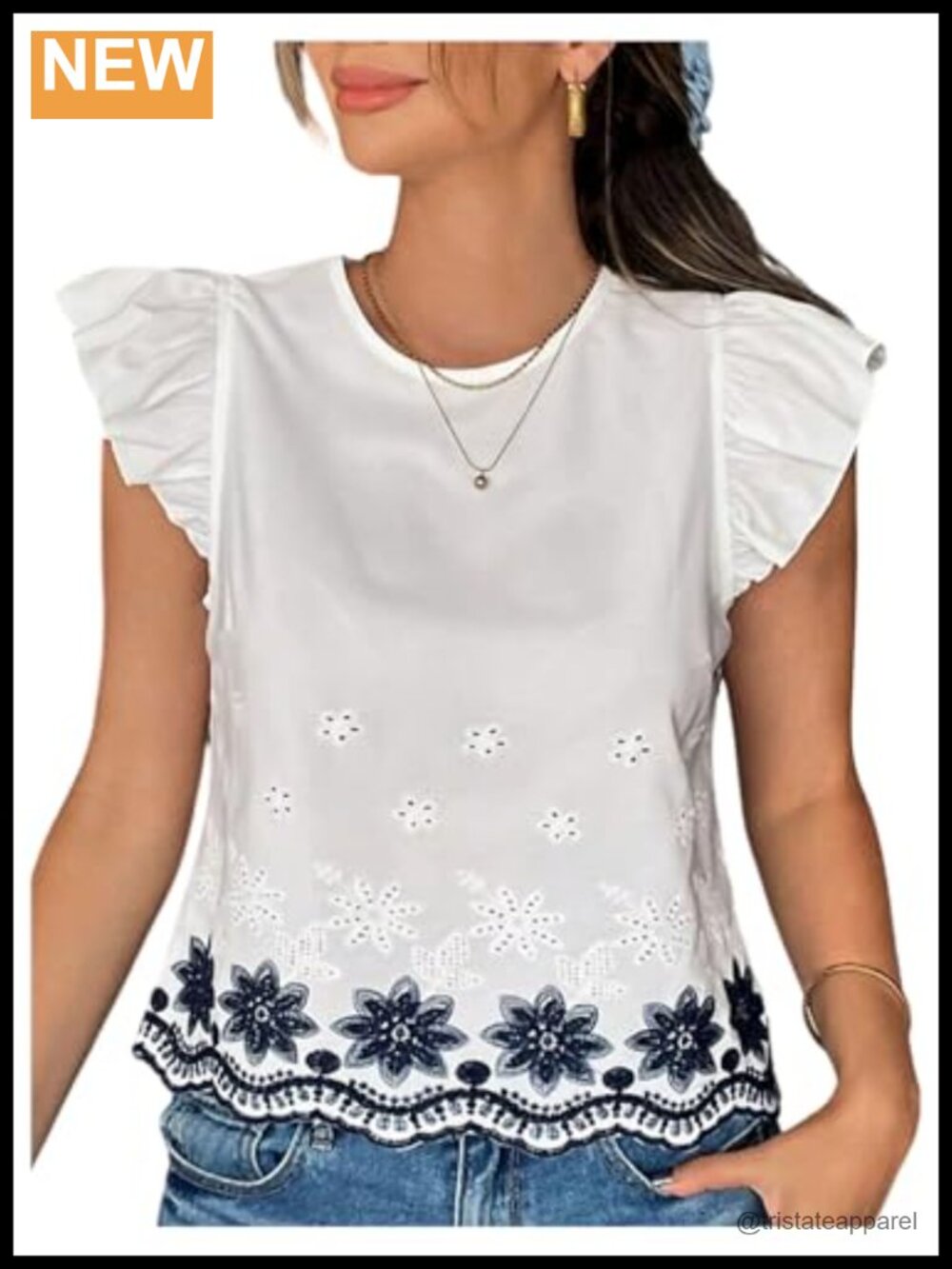 Women's Floral Embroidered Boho Blouse Ruffle Sleeve Keyhole Back